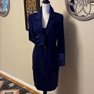 St. John new 2 piece suit, blue/purple, size 8, made in USA, sparkly skirt!